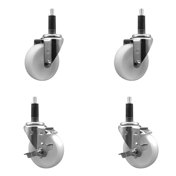 4'' SS Nylon Wheel Swivel 1'' Expanding Stem Caster Set 2 Brakes, 4PK